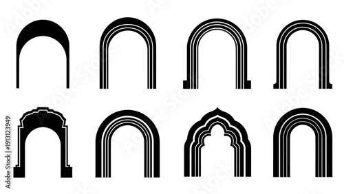 Collection of various black arch silhouettes on white background.