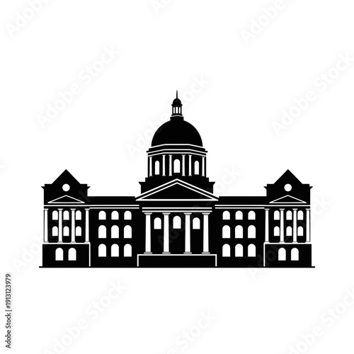 Silhouette of a grand neoclassical government building with a dome.