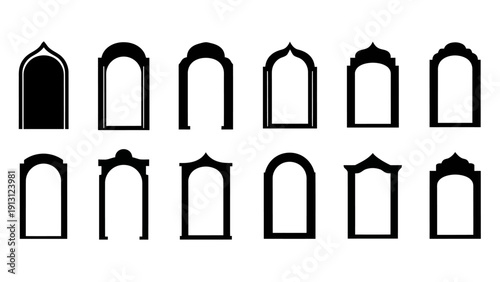 Collection of various black silhouette arch designs, diverse architectural elements.