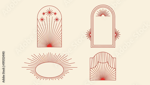 Elegant Bohemian Arch Frames with Sunbursts and Floral Elements.