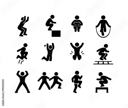 Jump exercises. Solid icon set of jump exercises: squat jump, box jump, tuck jump, jump rope action, plyometric jump, burpee jump, explosive