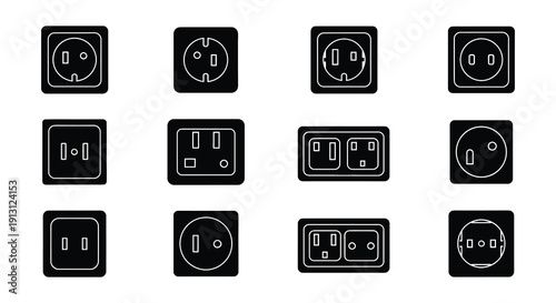 Collection of various black electrical outlet icons on a white background