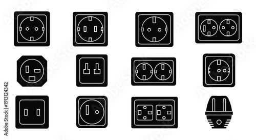 Collection of various black electrical outlet icons on a white background