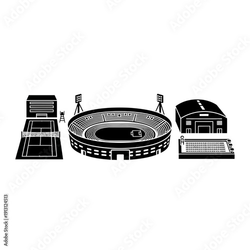 Sports Stadium Complex with Tennis Courts and Arena.