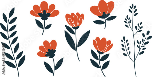 Vibrant spring seamless floral pattern featuring red tulips and orange blossoms with green leaves in a vector nature design for garden themed wallpaper and elegant home decor illustration