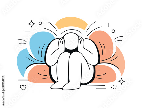 Anxiety and tension. Compressed shapes and curved lines surrounding a central abstract figure, expressing inner pressure in a soft,