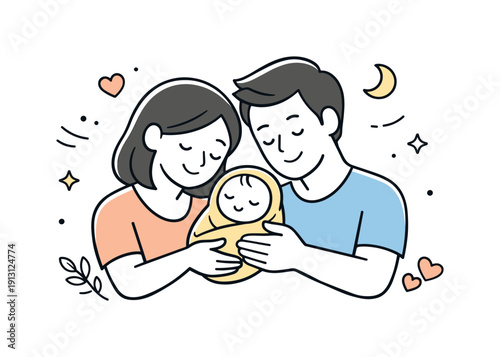Welcoming a newborn. Parents holding a small bundled baby shape close, surrounded by soft symbols of warmth and love. The scene feels calm,