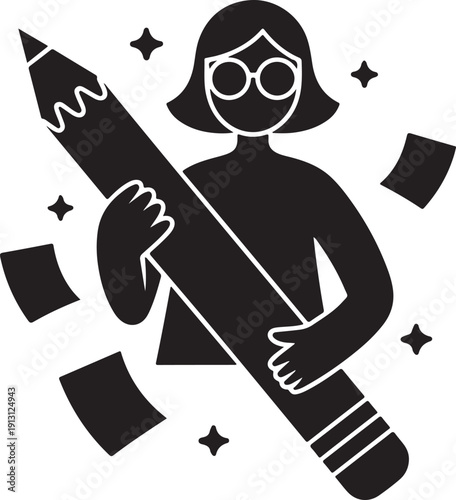 Creative artist holding a giant pencil surrounded by stars and paper fragments isolated on white background, illustration