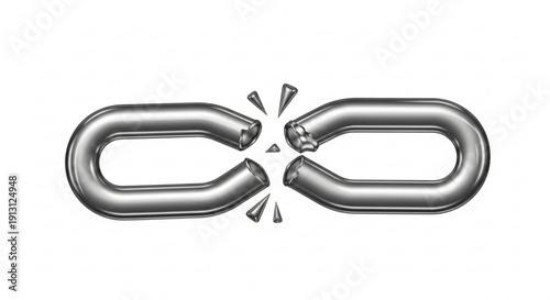 Broken metal chain link on white background symbolizing freedom escape or disruption