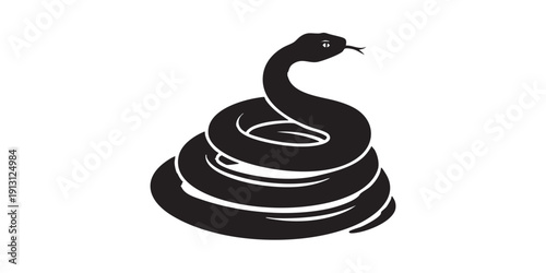 Coiled snake icon, flat black and white, minimal vector, silhouette, isolated, simple design, reptile symbol