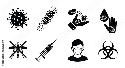 Illustrative icons depicting viruses bacteria insects and preventative measures