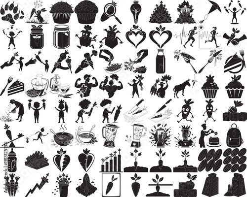 Carrot Nutrition and Lifestyle Silhouette Icon Mega Set