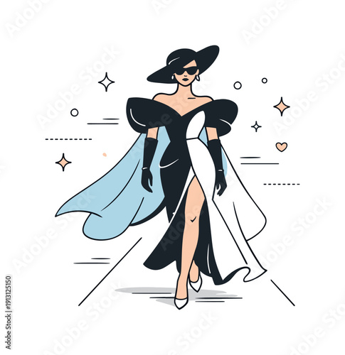 High fashion runway walk. A single model walking down the runway in an avant-garde outfit, strong posture and smooth motion lines emphasizing