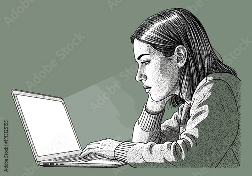 Young Woman Focused on Laptop Screen.