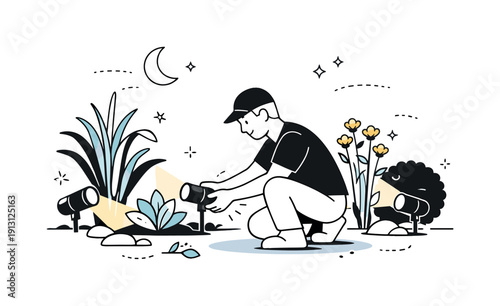 Using garden lights to highlight plants and create ambiance at night. A person adjusting garden lights near plants, carefully directing light