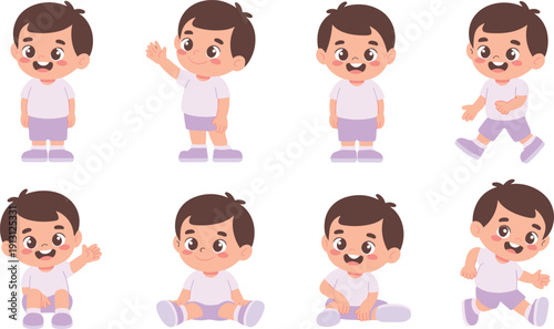 Cute Little Boy Cartoon Character Set with Different Poses and Activities for Kids Design, Child Development Illustration, Flat Vector Collection