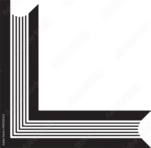 Geometric abstract design with layered parallel lines forming an l-shape figure isolated on white background, illustration