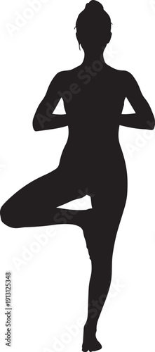 Woman Tree Pose Yoga Silhouettes Standing One Leg Hands Together Isolated On White Background