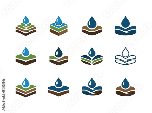    Soil fertility. Icon set. Set Logo of soil fertility: earth layers with water drop. harmonious logo variations of the same emblematic