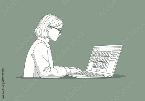 Woman working on a laptop computer with a video conference on screen.