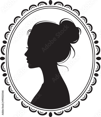 Elegant silhouette portrait of a woman with an ornate decorative frame isolated on white background, illustration