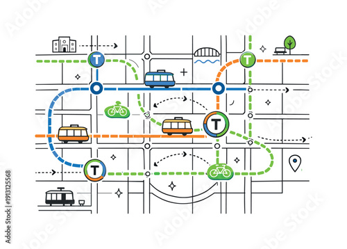    Urban transportation maps. A top-down schematic of a city grid with tram lines, bike paths, and transfer points, emphasizing connectivity.