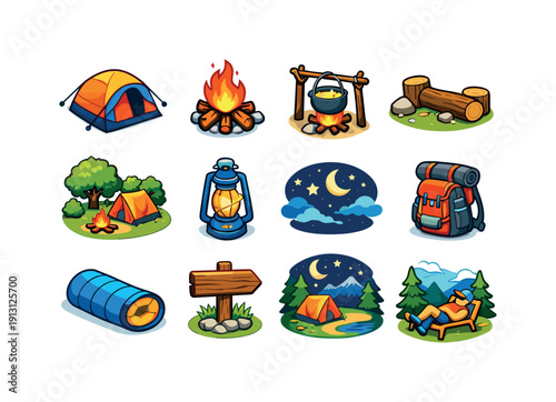    Camping hike. Colorful isometric vector icons set of camping hike: tent setup, campfire, cooking pot, log seating, campsite clearing, lantern