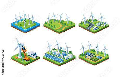    Wind power farm. Isometric flat vector icons set of wind power farm: turbine array landscape, rolling hills with turbines, access road wind
