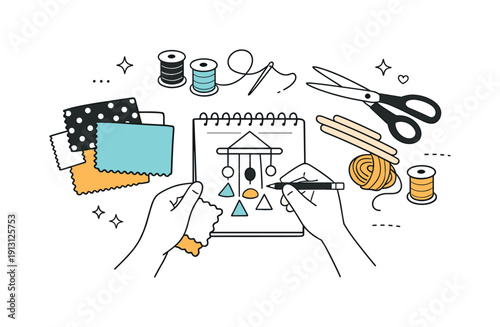 DIY fabric wall hangings and decor. Fabric swatches, scissors, and thread laid out neatly on a table as someone plans a wall decoration. The