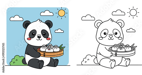 Cute cartoon panda bear holding a bamboo steamer with delicious dumplings