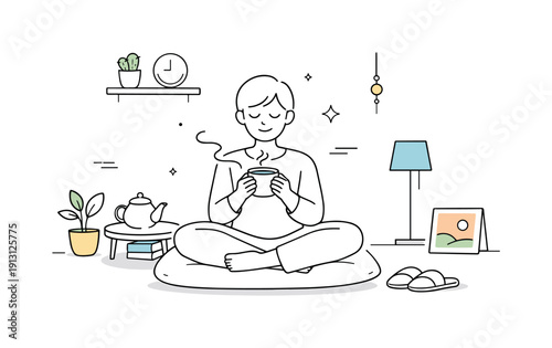 Minimalist lifestyle illustration. Person enjoying a calm moment with few objects around, sense of simplicity and balance. Soft shapes and