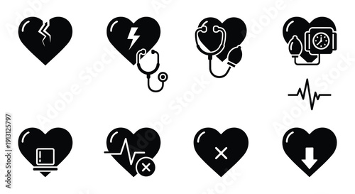 Collection of black heart icons depicting various emotional and medical states