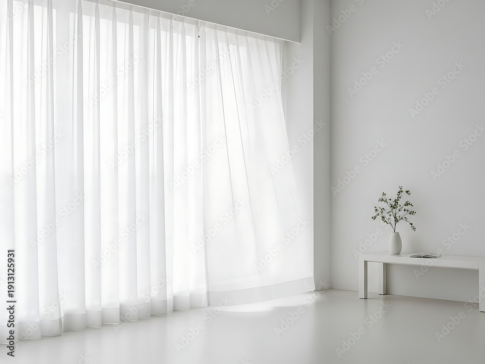 Fototapeta premium Minimalist room with sheer white curtains and small plant