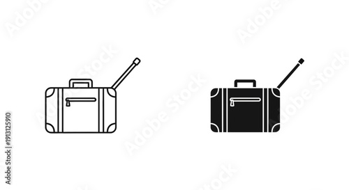 Vintage suitcase icon symbol for travel, adventure, and holidays. Vector outline and solid black illustration.