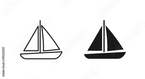 Sailboat icon symbol for sailing, sea, and adventure. Vector outline and solid black illustration.