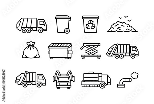    Garbage Truck. Line icon set of Garbage Truck: garbage truck, trash bin, recycling bin, landfill, waste bag, dumpster, hydraulic lift, rear