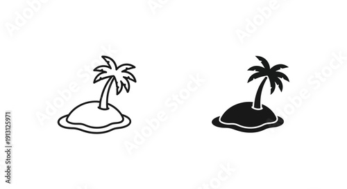 Tropical island icon symbol with palm tree for vacation and paradise. Vector outline and solid black illustration.