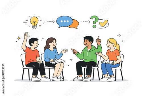 Educational Discussion Scene. Debates in education. Students raising hands and responding to each other while seated, with simple icons showing ideas in