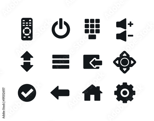    Universal Remote. Solid icon set of Universal Remote: remote body, power button, numeric buttons, volume control, channel control, menu