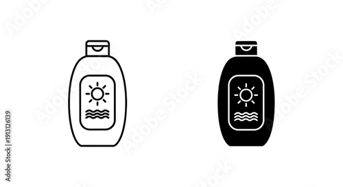 Sunscreen Bottle Icons: Outline and Solid Black Silhouette