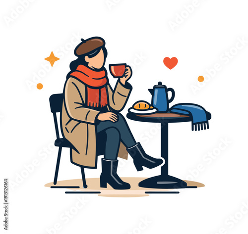 A person sitting at a cafe wearing a stylish trench coat and boots symbolized as a cozy city moment with a scarf, cup and small table forming