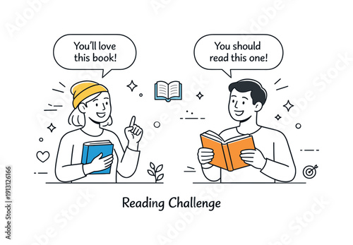 Community reading challenge. Two people exchange book recommendations while holding books and speech bubbles. Friendly interaction and shared
