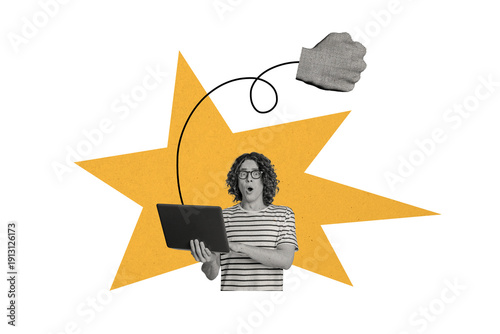 Photos Composite photo collage of astonished it master hold laptop fist gesture cyberat