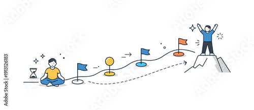 Happiness. A person smiles calmly while standing in a simple open space with soft abstract shapes around. Light, positive mood expressing