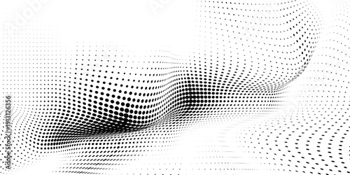 Flowing dots particles wave pattern halftone gradient curve shape isolated on white background. Vector in concept of technology, science, music, modern.