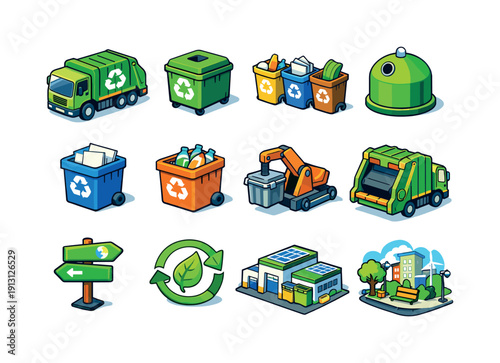    Recycling truck. Colorful isometric vector icons set of recycling truck: recycling truck vehicle, recycling symbol container, sorted bins,