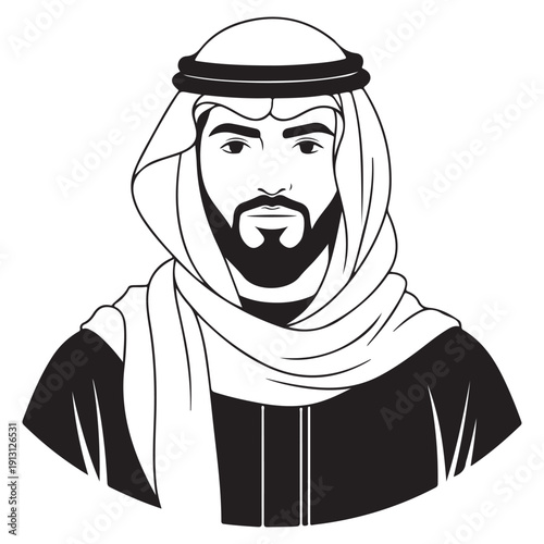 Black and White Portrait Illustration of a Middle Eastern Man in Traditional Attire