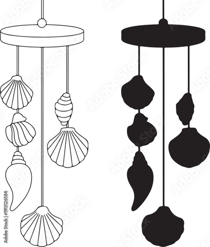 Contrasting decorative mobiles featuring seashell and geometric black shapes suspended from rings isolated on white background, illustration