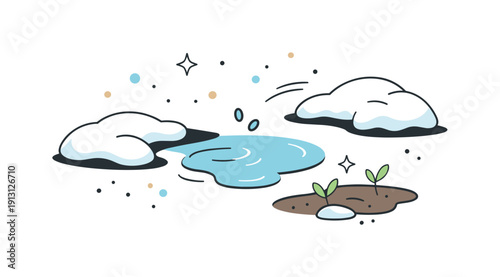    Melting snow details. Abstract seasonal texture combining snow, water, and bare ground elements in a balanced layout, conveying quiet