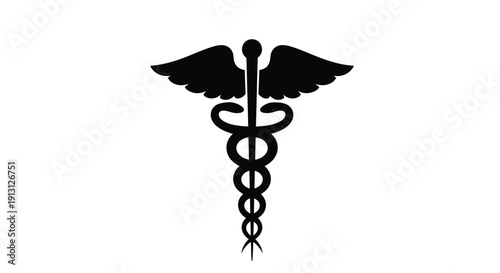 Black caduceus symbol depicting medical staff with entwined snakes on white